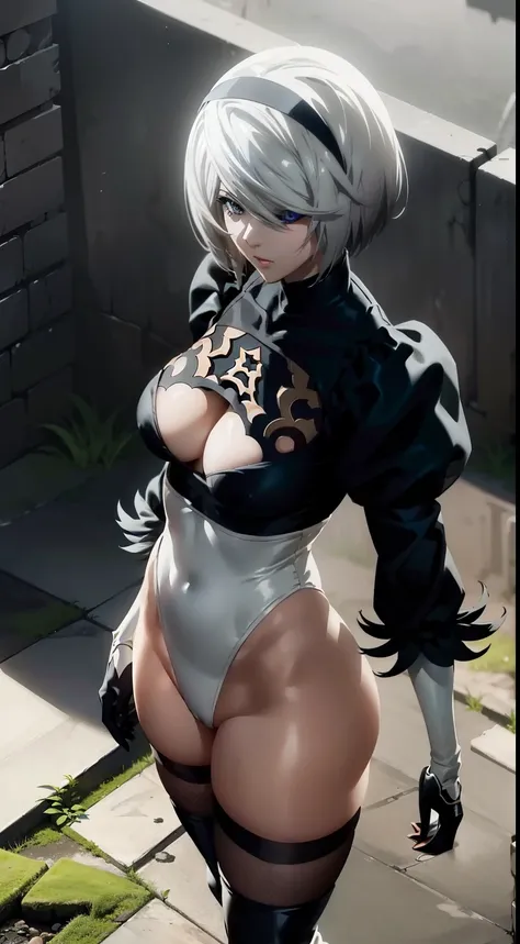 Camera from above, leans forward, Standing on the edge, stands, Camera from above, Frame from above, shapely legs, stands on the edge of the roof, White Hair Bob, ashy hair, The eyes are covered with a bandage, Cyan eyes, black dress with a short skirt, sh...