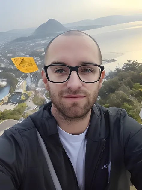 there's a young man, branco e careca,  with glasses while taking a selfie, com montanhas ao fundo, com montanhas no fundo, image...