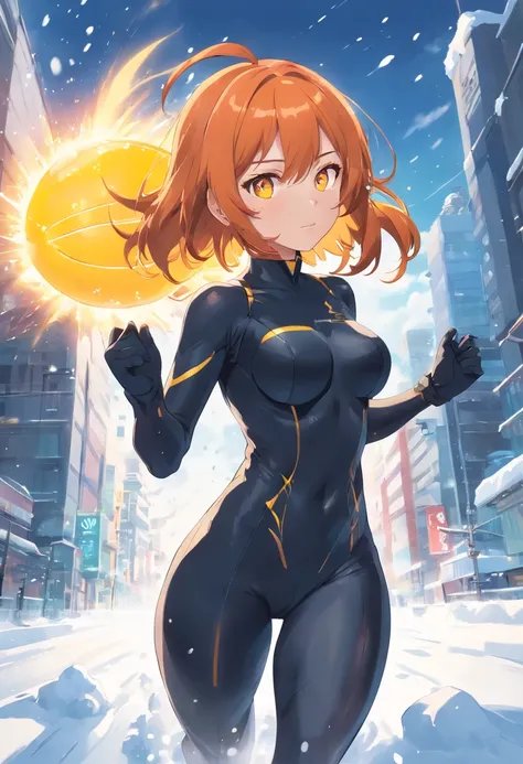 1 female、Orange hair、Colossal tits、Big ass、black rubber suit、yellow  eyes、Large, thick thighs、a short bob、wide hips、run、snow blowing、kou