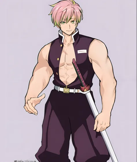 um desenho de um homem com cabelo rosa e uma espada, cara bonito na arte demon slayer, Hajime Yatatate, personagem de anime masculino, Anime de Sete Pecados Capitais, como um personagem de anime, personagem de anime, haruno sakura, Melhor Design de Persona...