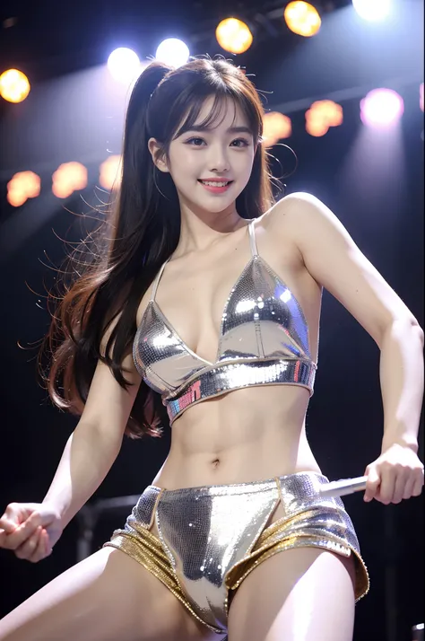 8k, highest quality, high resolution, realistic, real person, live stage with a large audience, one girl, young and cute korean idol, ((KARA)), big, long and beautiful legs, dancing violently in various poses while smiling on stage, holding microphone in h...