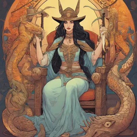 A beautiful  girl, with the Bronze Age, priestess-style, occultist, witch woman, sitting on a throne with a giant serpent, fantasy art