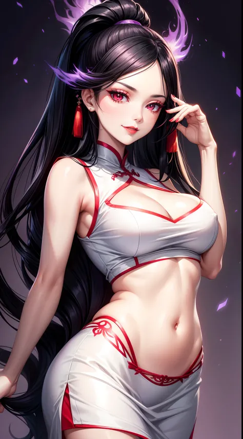 Grown-up girl, long black hair with white strands, high ponytail, red eyes, purple lipstick, white Chinese dress, sleeveless, open breasts, open belly, smirk, purple flame, Masterpiece, high quality, 4k, HD, Good detail