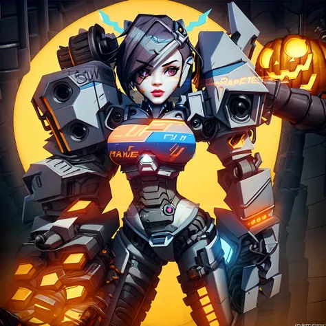 cartoon, toonish style, a close up of a robot with a pumpkin on its arm, girl in mecha cyber armor, cute cyborg girl, echo from overwatch, mechanized witch girl, cyberpunk anime girl mech, halloween art style, as an overwatch character, anime robotic mixed...