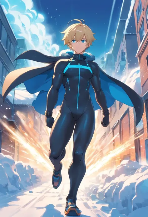 1 male human、a blond、Huge ass、black rubber suit、blue eyess、Large, thick thighs、short-haired、wide hips、musculature、run、snow blowing、kou