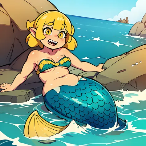 cute mermaid washed up on shore, big scaley tail fin, scared, sharp teeth,