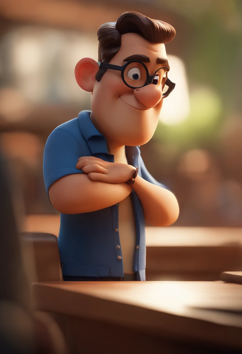 Cartoon character of a man with black glasses, cabelo cacheado marrom escuro e uma camisa azul, animation character, Caractere estilizado, animation style rendering, 3D estilizado, Arnold Maya render, 3 d render stylized, toon render keyshot, Personagem 3D...