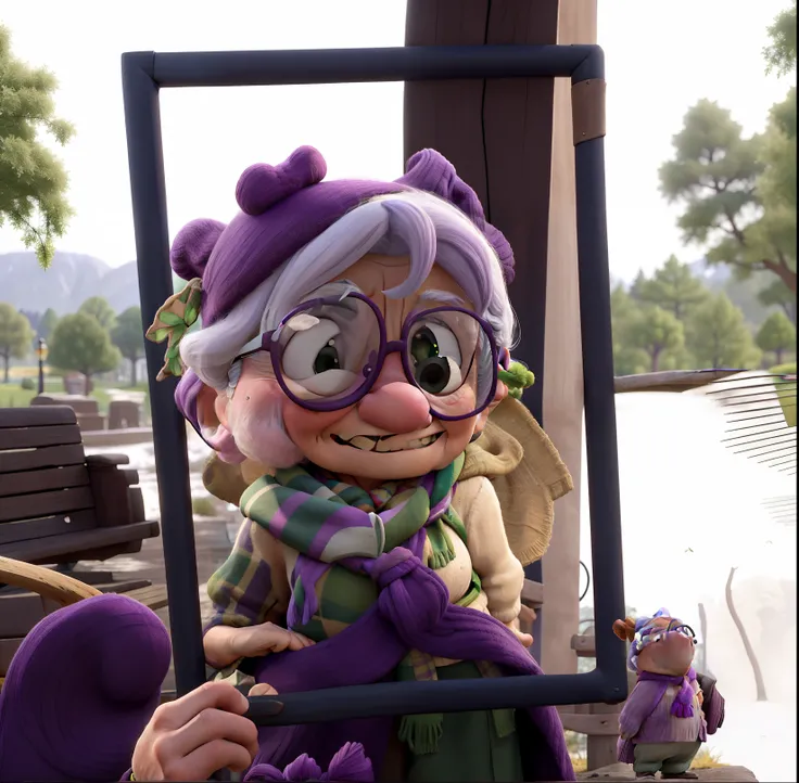 masterpiece, best quality, an old woman with glasses and a scarf on, wearing a purple coat and green scarf, standing at the park