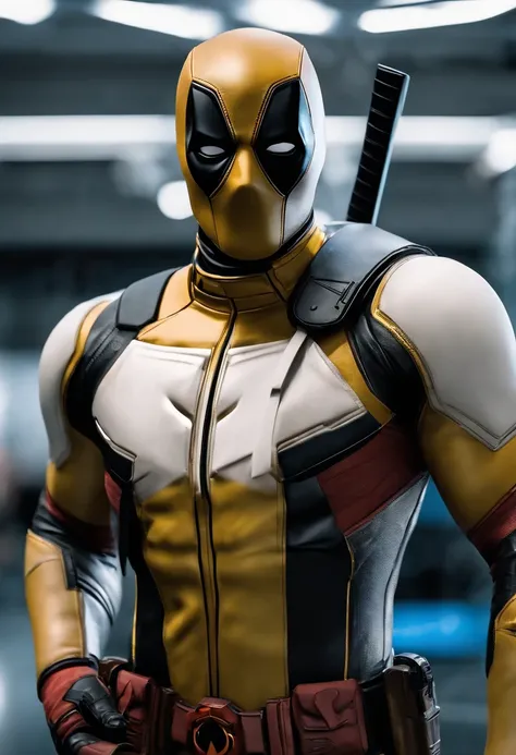 A deadpool, real white and gold color with titanium cybernetic suit, detalhado, designe perfeito, alta qualidade arestas perfeitas e simmetricas ::n_desenho de estilo, low quality defect, boneco, game, anime