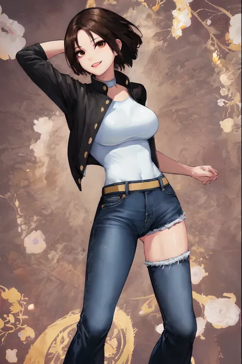 Orochikyo, (chaqueta negra de manga larga chaqueta de cuero),pantalones jeans azules y ajustados ,Guantes sin dedos,camiseta blanca, diadema blanca,zapatos blancos, big breasts rough sexy, caderas y curvas, mujer alta 1.80 muslos grandes.,
(La mejor calida...