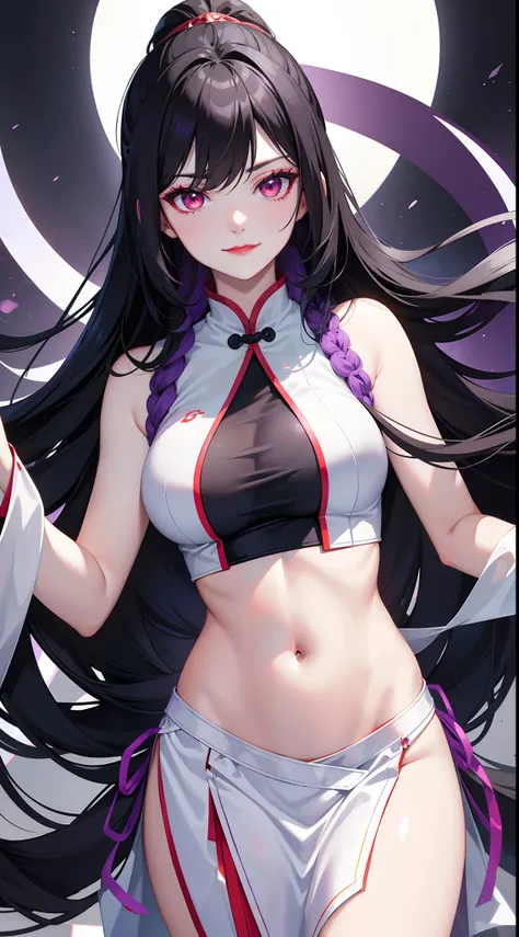 Grown-up girl, long black hair with white strands, high ponytail, red eyes, purple lipstick, white Chinese dress, sleeveless, open breasts, open belly, smirk, purple flame, Masterpiece, high quality, 4k, HD, Good detail