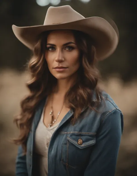 Cinematic portrait, ((Upper body)), Facing the audience, (reality :1.3), most beautiful boobs, A woman looks at the camera, Vintage denim outfits, Western cowboy, Detailed beautiful face, action  shot, (Intricate :1.4), Western background, photograph reali...