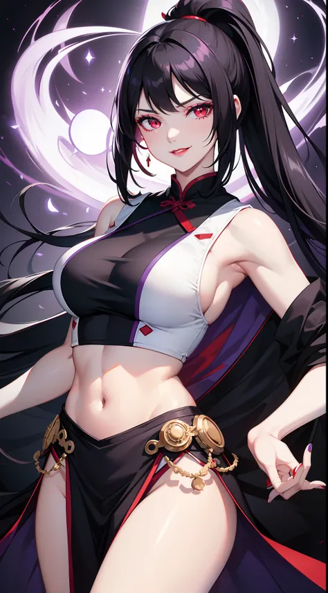 Grown-up girl, long black hair with white strands, high ponytail, red eyes, purple lipstick, white Chinese dress, sleeveless, open breasts, open belly, smirk, purple flame, Masterpiece, high quality, 4k, HD, Good detail