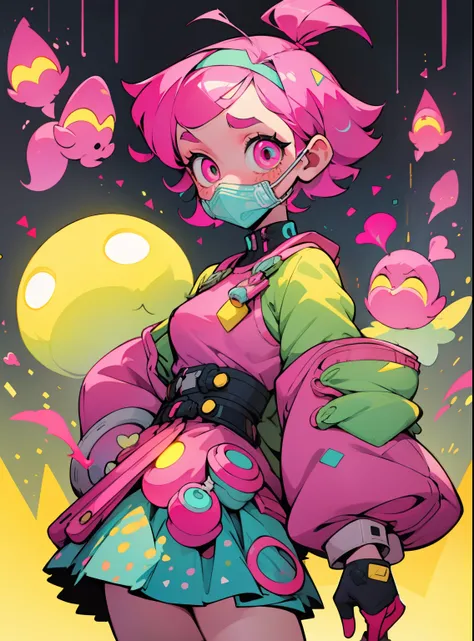 kpop girl with short nice fadecut pink hair, colorful glowing gass mask, lots of shapes attatched everywhere, random shapes mostly triangle, yellow skirt with polcadots, red gloves, and an 2 antena headband