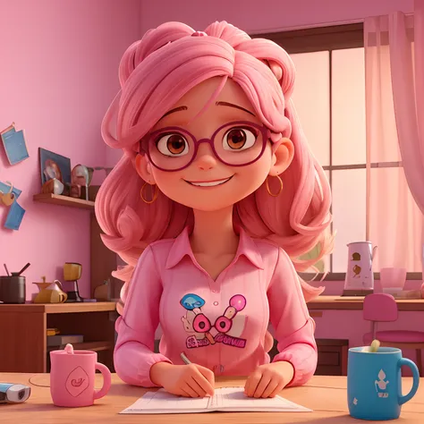 Menina parda sorrindo, de cabelos longos levemente ondulados castanhos, with glasses light pink transparent, com olhos castanhos, in a pink blouse and jeans, Holding a mug with the title on the mug "Dutanna personalizados" In a room with sublimation machin...