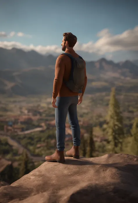 , arafed man standing on a wooden platform overlooking a city, a picture by Matthew Smith, instagram, happening, with mountains in the background, with mountains in background, standing in front of a mountain, with a city in the background, with mountains ...