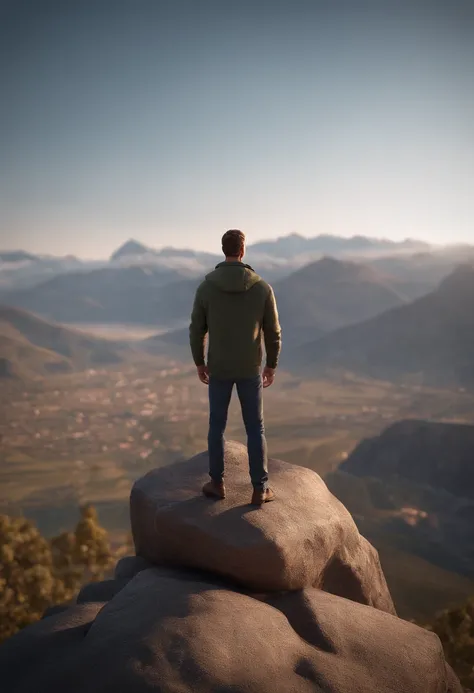 , arafed man standing on a wooden platform overlooking a city, a picture by Matthew Smith, instagram, happening, with mountains in the background, with mountains in background, standing in front of a mountain, with a city in the background, with mountains ...