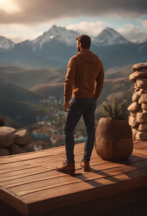 , arafed man standing on a wooden platform overlooking a city, a picture by Matthew Smith, instagram, happening, with mountains in the background, with mountains in background, standing in front of a mountain, with a city in the background, with mountains ...