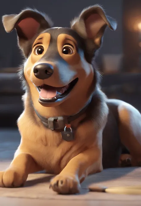 Estilo Pixar: a female dog, preta, Labrador, brincando com uma mangueira na boca, com cara feliz. Dia com sol.