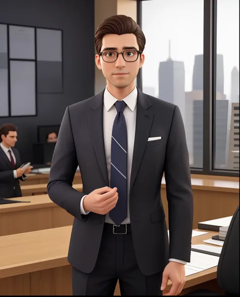 Theres a 30-year-old man in a suit and tie standing in a courtroom, olhar elegante, vestindo uma camisa com gravata, office clothes, cabelos curtos, cabelo castanhos, semi-realistic rendering, lawyer clothing, Roupas realistas, wearing a suit and glasses, ...