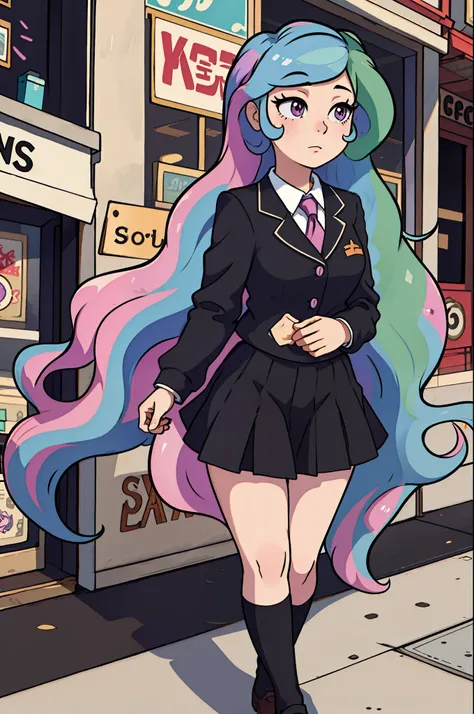 (from front), walking princess_celestia wearing a black school uniform, looking away, scene is city street, masterpiece, best quality