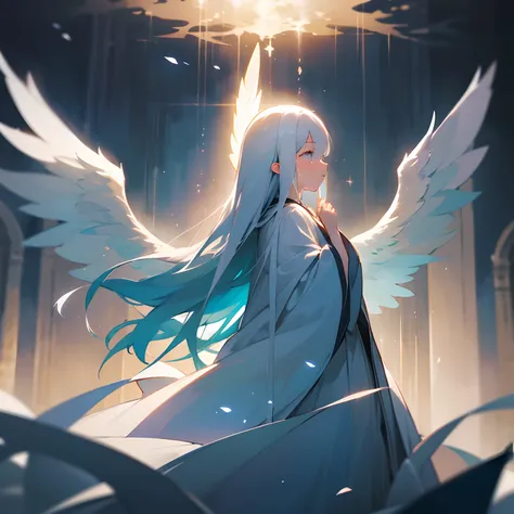 (​masterpiece、top-quality)、Standing in a dark place、1 angel girl with long white hair、look up to、wingspan、Put your hands under your chin、Large wings、Praying、is crying、Crying face、dark ilumination、cold lighting、robe blanche、blurred foreground、angelicales、Lo...