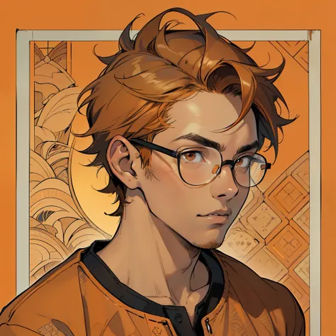 ((masterpiece)), ((best quality)), ((simple artwork)), ((antique effect)), ((anime profile style)), 18 year old boy, ((orange skin tone)), ( (brown eyes)), ((perfect)), ((glasses)), eyebrow, nose, ear, mouth, ((short messy hair)), neck, shoulders, arms, ((...