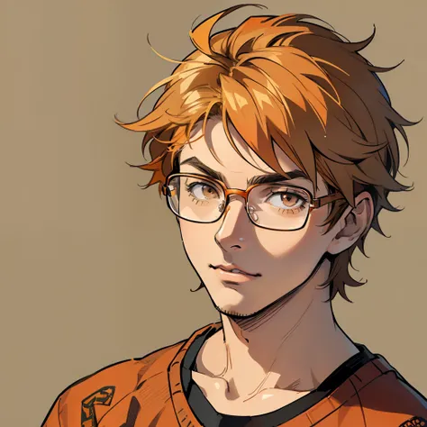 ((masterpiece)), ((best quality)), ((simple artwork)), ((antique effect)), ((anime profile style)), 18 year old boy, ((orange skin tone)), ( (brown eyes)), ((perfect)), ((glasses)), eyebrow, nose, ear, mouth, ((short messy hair)), neck, shoulders, arms, ((...