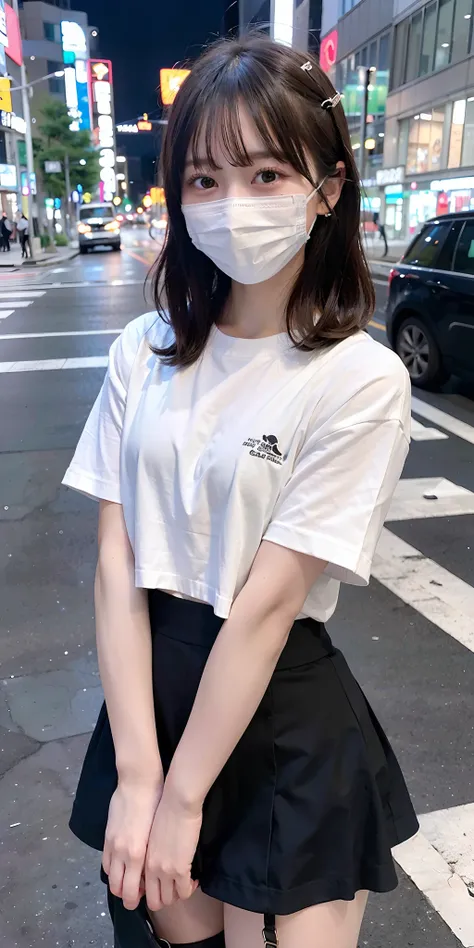 A girl wearing a black tight mini skirt, a short white shirt revealing an occasional panty flash, and a mask. She is standing alone in Tokyo street at night, with the city lights illuminating the urban landscape. The girl is fully depicted in an LGBTQ+ sty...