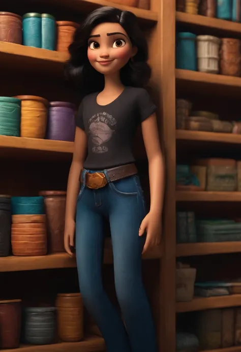 Criar imgem estilo pixar de uma menina de 10 anos ,morena cabelos  cacheados ,magra ,wearing sort jeans and a black blouse with her name Carolyne just below her feet