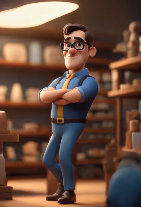 Cartoon character of a man with black glasses and a blue shirt, Working in an eyewear store with sideways shelves of glasses, on the characters shirt the name BRUNO SUNGLASSES animation character, Caractere estilizado, animation style rendering, 3D estiliz...