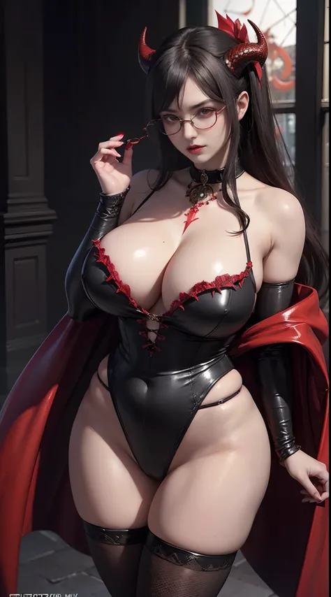 (8K,Photorealista　Raw photography　Superior Quality;1.4) Beautuful Women (Lifelike face) (red eyes)　(thick and warm red lips)、Evil Nun、Dark Necromancer、Succubus、Devils Daughter、Umi Shinonome、Bat Wings，(((Demon Horns)))、 ((((Huge glasses, Otaku Glasses, thic...