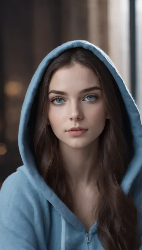 masterpiece, best quality, ultra-detailed), photo of a super beautiful girl around 23 yo with realistic blue eyes and dark long hair. in a gym with hoodie on