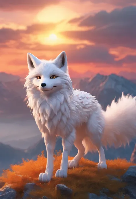 White-furred nine-tailed fox boy on top of a mountain at sunset