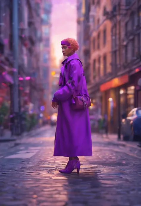 a close up of a person in a purple outfit on a city street, Hyperrealism, depth of field, cinematic lighting, vignetting, UHD, masterpiece, ccurate, super detail, best quality, 4K