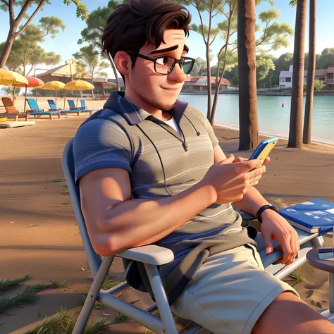 A young man sitting on a beach chair with a cell phone in his hand