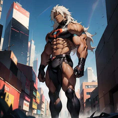 ((Anime style art)), Extremely muscular masculine character, dark skin, long rainbow hair, blue,, bodybuilder body, ripped clothes , 8-pack, erotic, crystal armor, ,  tower cityscape, Busy route, Buildings, person
AS & Vehicles. Main character from the ani...