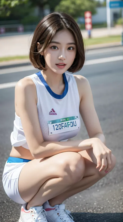 Two young Asian women competing in an ekiden race、Full Marathon、Womens Ekiden、runner、Young female runners of Ekiden in colorful sneakers line up in the street、Woman squatting with her legs open、a smile、Mouth with raised corners of the mouth、delighted、glad、...