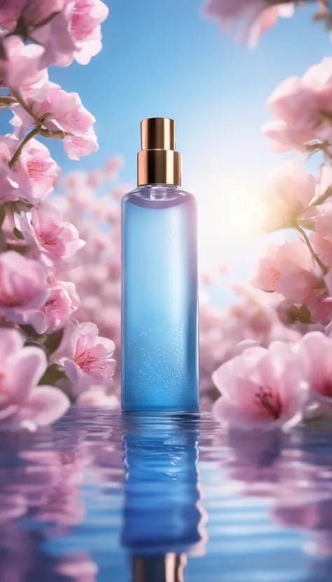 Super realistic scene, makeup bottle, surrounded by pink flowers wrapped around, blue sky background, water, sunlight, low perspective, blender, product rendering, HD 8K。 --v6