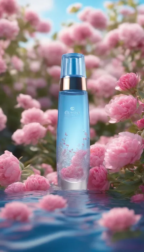 Super realistic scene, makeup bottle, surrounded by pink flowers wrapped around, blue sky background, water, sunlight, low perspective, blender, product rendering, HD 8K。 --v6