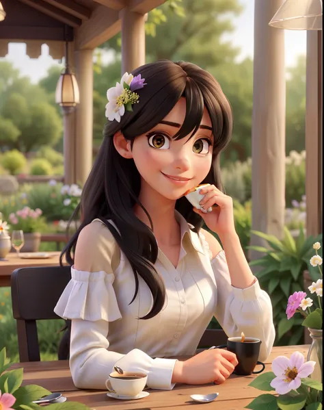 (best quality,realistic:1.37),UHD,beautiful detailed eyes,beautiful detailed lips,dark-haired woman,shoulder-length black hair,straight hair,fringe,sitting at a set table,drinking coffee,smiling,[garden background],table setting,flowers on the table,detail...