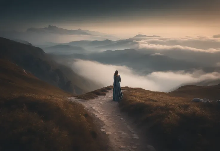 there is a woman standing on a path in the mountains, a detailed matte painting, fantasy art, a wanderer on a mountain, wanderer above the sea of fog, cinematic matte art, wallpaper 4k, elegant cinematic fantasy art, epic dreamlike fantasy landscape