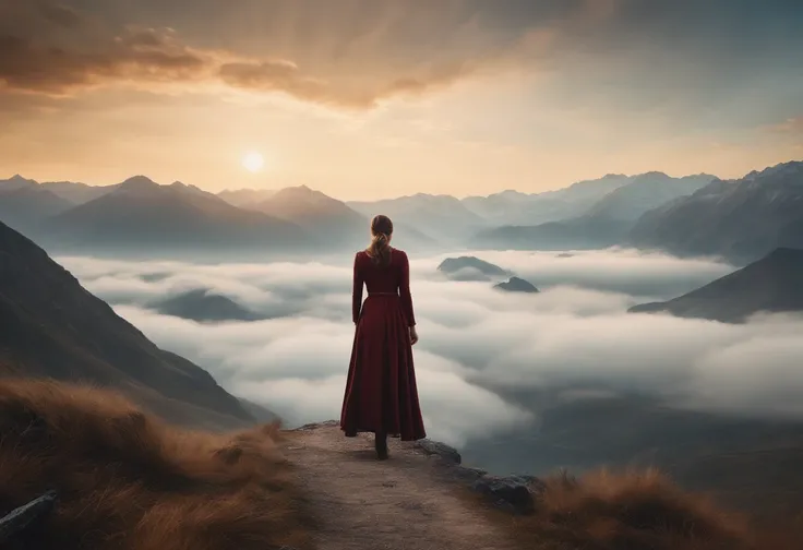 there is a woman standing on a path in the mountains, a detailed matte painting, fantasy art, a wanderer on a mountain, wanderer above the sea of fog, cinematic matte art, wallpaper 4k, elegant cinematic fantasy art, epic dreamlike fantasy landscape