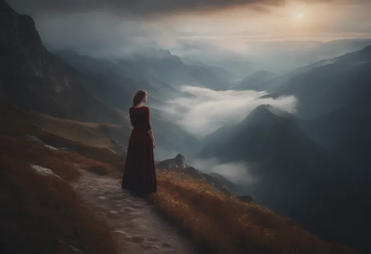 there is a woman standing on a path in the mountains, a detailed matte painting, fantasy art, a wanderer on a mountain, wanderer above the sea of fog, cinematic matte art, wallpaper 4k, elegant cinematic fantasy art, epic dreamlike fantasy landscape