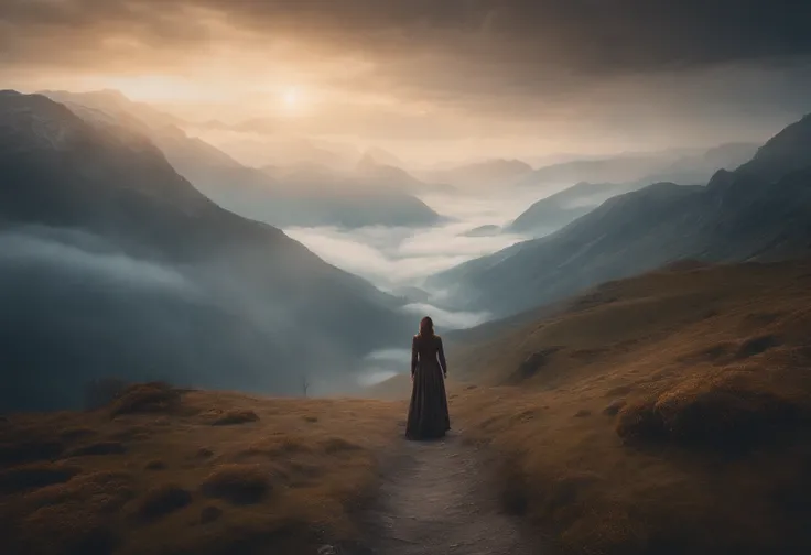 there is a woman standing on a path in the mountains, a detailed matte painting, fantasy art, a wanderer on a mountain, wanderer above the sea of fog, cinematic matte art, wallpaper 4k, elegant cinematic fantasy art, epic dreamlike fantasy landscape