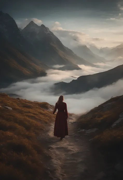 there is a woman standing on a path in the mountains, a detailed matte painting, fantasy art, a wanderer on a mountain, wanderer above the sea of fog, cinematic matte art, wallpaper 4k, elegant cinematic fantasy art, epic dreamlike fantasy landscape