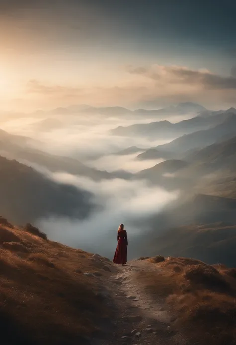 there is a woman standing on a path in the mountains, a detailed matte painting, fantasy art, a wanderer on a mountain, wanderer above the sea of fog, cinematic matte art, wallpaper 4k, elegant cinematic fantasy art, epic dreamlike fantasy landscape