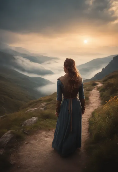 there is a woman standing on a path in the mountains, a detailed matte painting, fantasy art, a wanderer on a mountain, wanderer above the sea of fog, cinematic matte art, wallpaper 4k, elegant cinematic fantasy art, epic dreamlike fantasy landscape