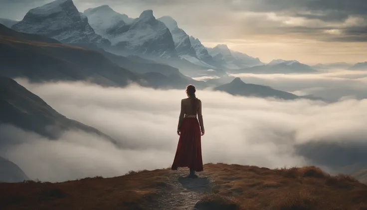 there is a woman standing on a path in the mountains, a detailed matte painting, fantasy art, a wanderer on a mountain, wanderer above the sea of fog, cinematic matte art, wallpaper 4k, elegant cinematic fantasy art, epic dreamlike fantasy landscape