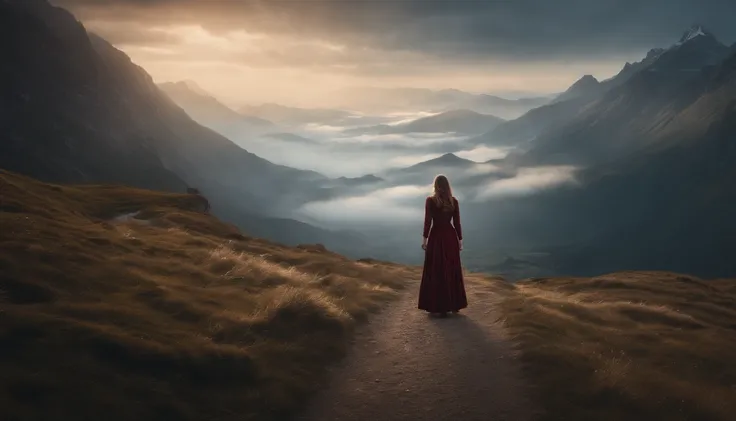 there is a woman standing on a path in the mountains, a detailed matte painting, fantasy art, a wanderer on a mountain, wanderer above the sea of fog, cinematic matte art, wallpaper 4k, elegant cinematic fantasy art, epic dreamlike fantasy landscape